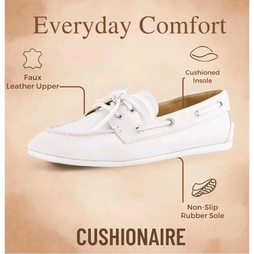 Cushionaire Womens White Faux Leather Boat Shoes Slip-On Comfort Casual